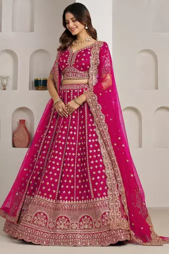 Elegant Rani Bridal Lehenga with Double Dupatta Styling