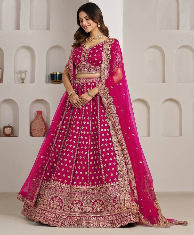 Elegant Rani Bridal Lehenga with Double Dupatta Styling