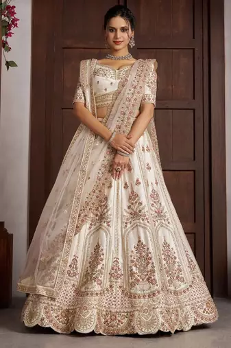 Elegant White bridal Lehenga with Double Dupatta & Multicolor Embroidery