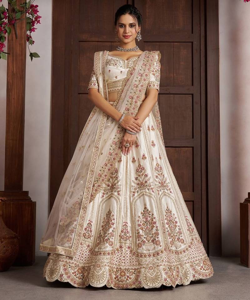 Elegant White bridal Lehenga with Double Dupatta & Multicolor Embroidery