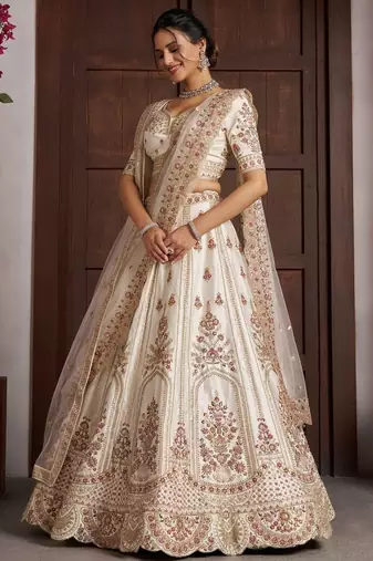 Elegant White bridal Lehenga with Double Dupatta & Multicolor Embroidery