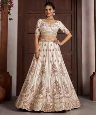 Elegant White bridal Lehenga with Double Dupatta & Multicolor Embroidery 3