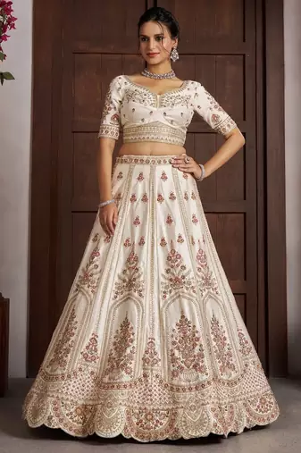 Elegant White bridal Lehenga with Double Dupatta & Multicolor Embroidery