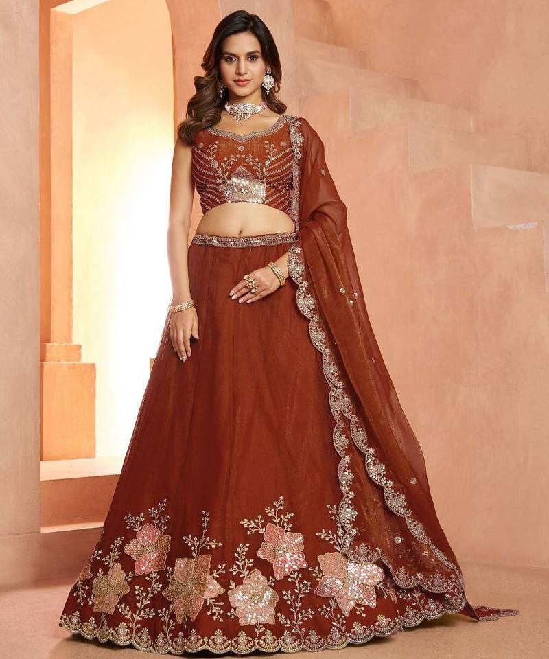 Rust Bridal Lehenga Choli with Intricate Bead and Sequins Embroidery