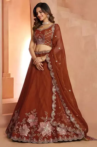 Rust Bridal Lehenga Choli with Intricate Bead and Sequins Embroidery