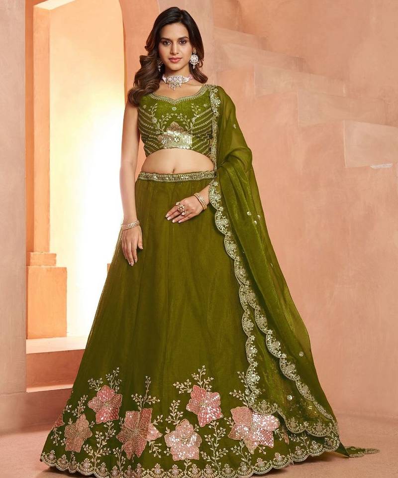 Elegant Floral Green Embroidered Tissue Lehenga Choli Set