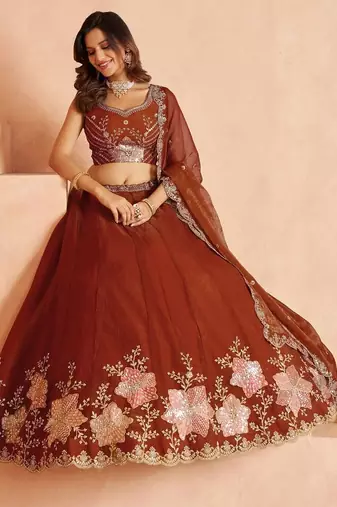 Rust Bridal Lehenga Choli with Intricate Bead and Sequins Embroidery