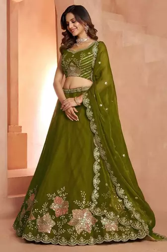 Elegant Floral Green Embroidered Tissue Lehenga Choli Set