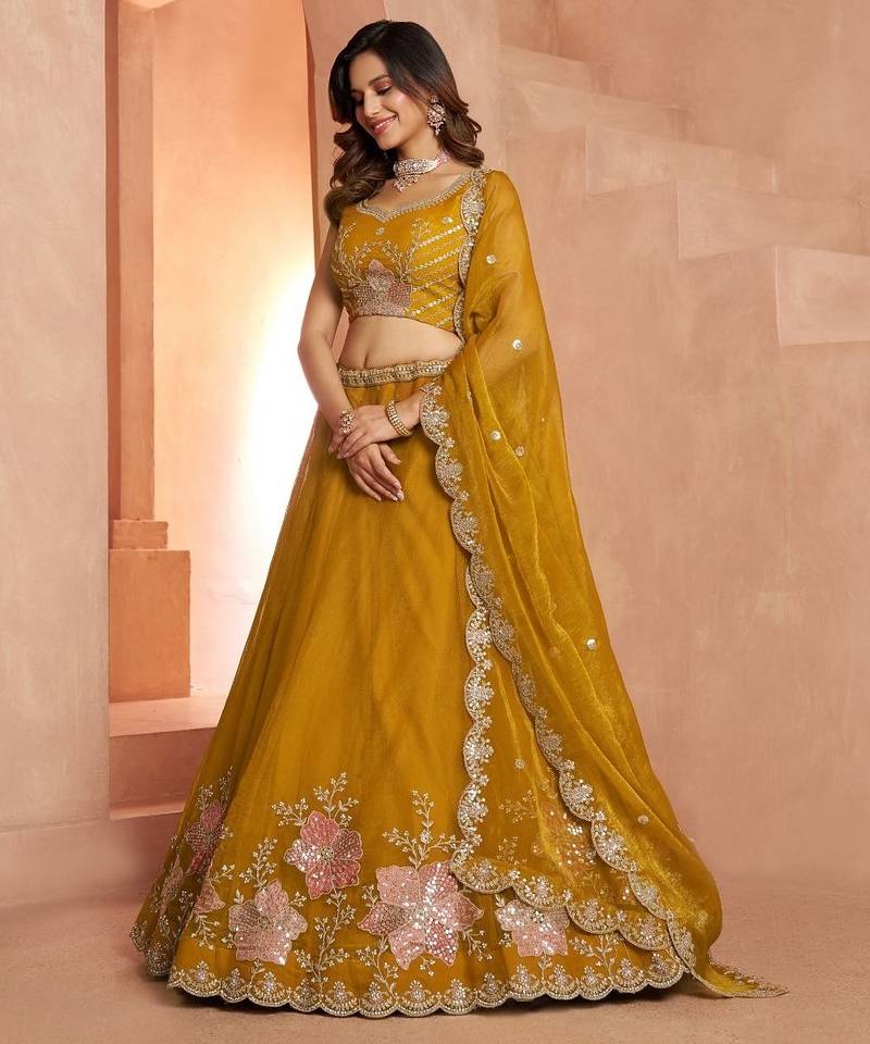Elegant Floral Embroidered Tissue Lehenga Choli Set