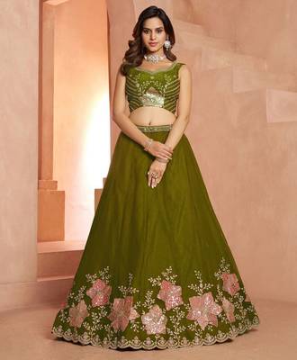 Elegant Floral Green Embroidered Tissue Lehenga Choli Set 3