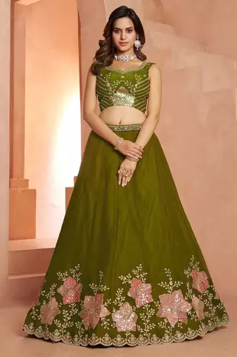 Elegant Floral Green Embroidered Tissue Lehenga Choli Set