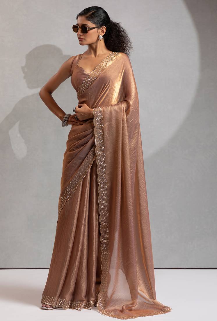 Golden cut dana sequin embroidered work two tone silk saree