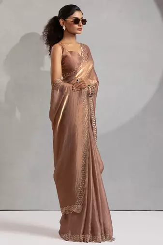 Golden cut dana sequin embroidered work two tone silk saree