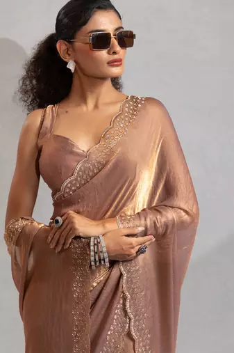 Golden cut dana sequin embroidered work two tone silk saree