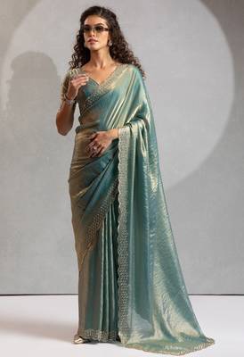 Teal blue cut dana sequin embroidered work two tone silk saree 1