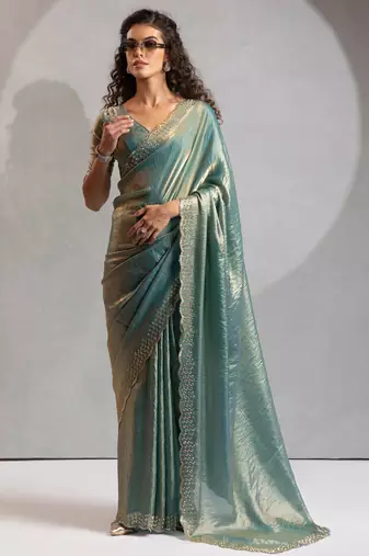 Teal blue cut dana sequin embroidered work two tone silk saree