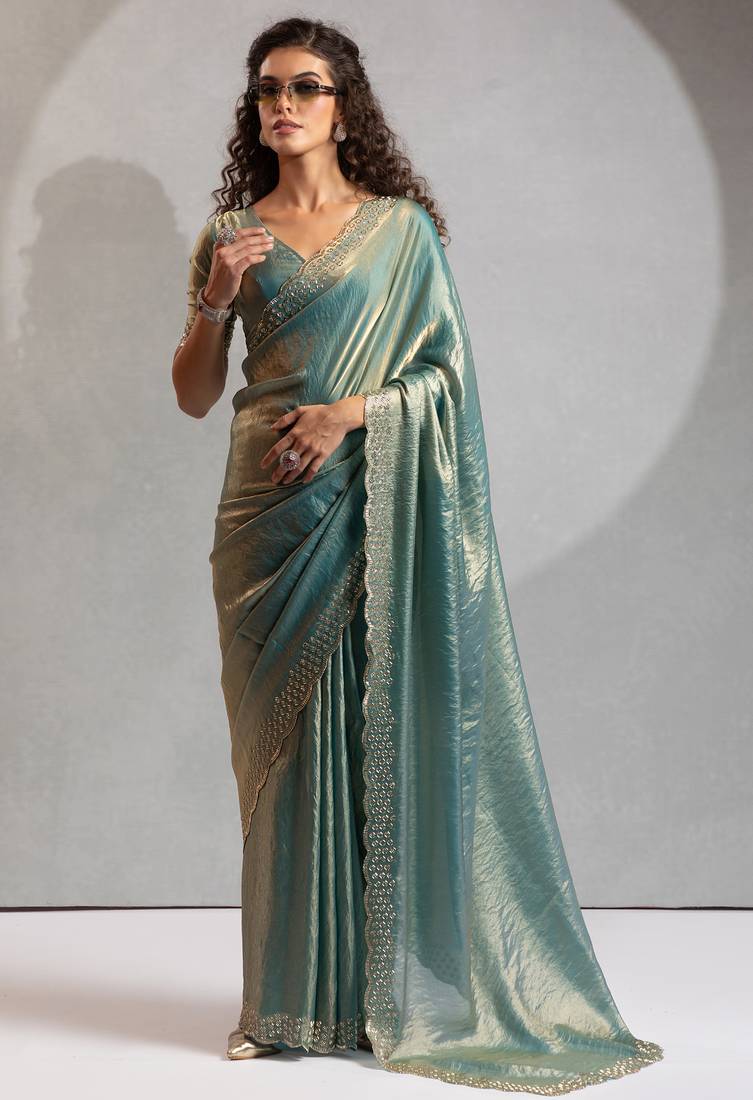 Teal blue cut dana sequin embroidered work two tone silk saree