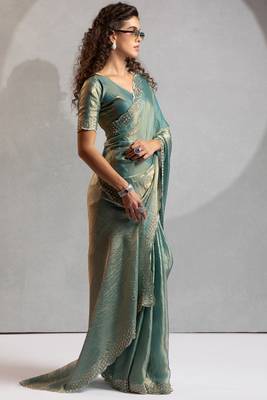 Teal blue cut dana sequin embroidered work two tone silk saree 2