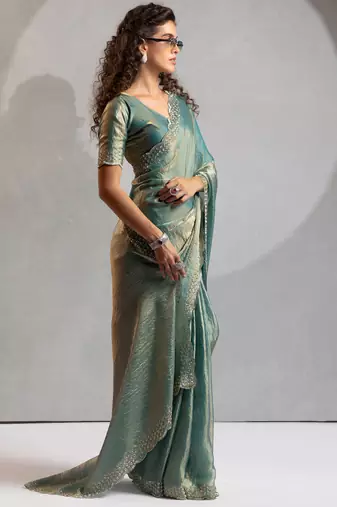 Teal blue cut dana sequin embroidered work two tone silk saree