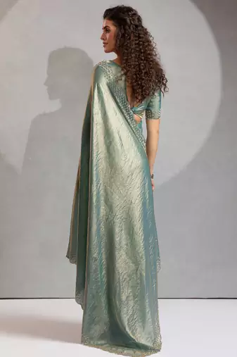 Teal blue cut dana sequin embroidered work two tone silk saree
