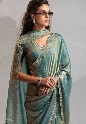 Teal blue cut dana sequin embroidered work two tone silk saree 4