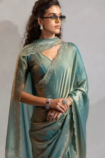 Teal blue cut dana sequin embroidered work two tone silk saree