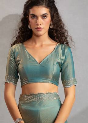 Teal blue cut dana sequin embroidered work two tone silk saree 5