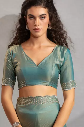 Teal blue cut dana sequin embroidered work two tone silk saree