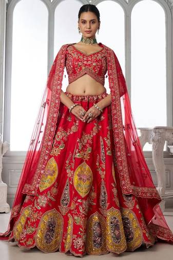 Handcrafted Multicolor Silk   Embroidered Bridal Lehenga Choli