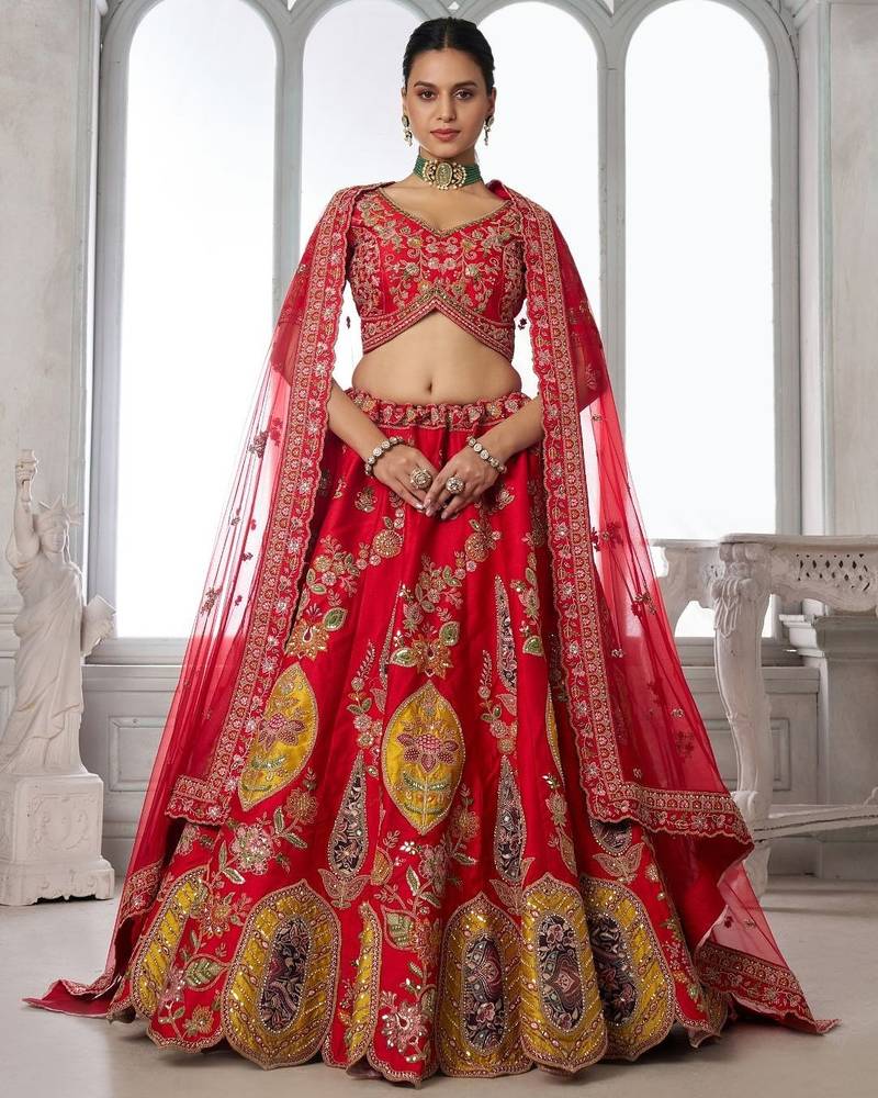 Handcrafted Multicolor Silk   Embroidered Bridal Lehenga Choli