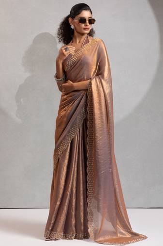 Golden cut dana sequin embroidered work two tone silk saree