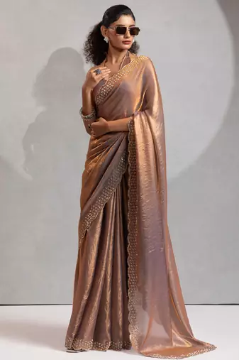 Golden cut dana sequin embroidered work two tone silk saree