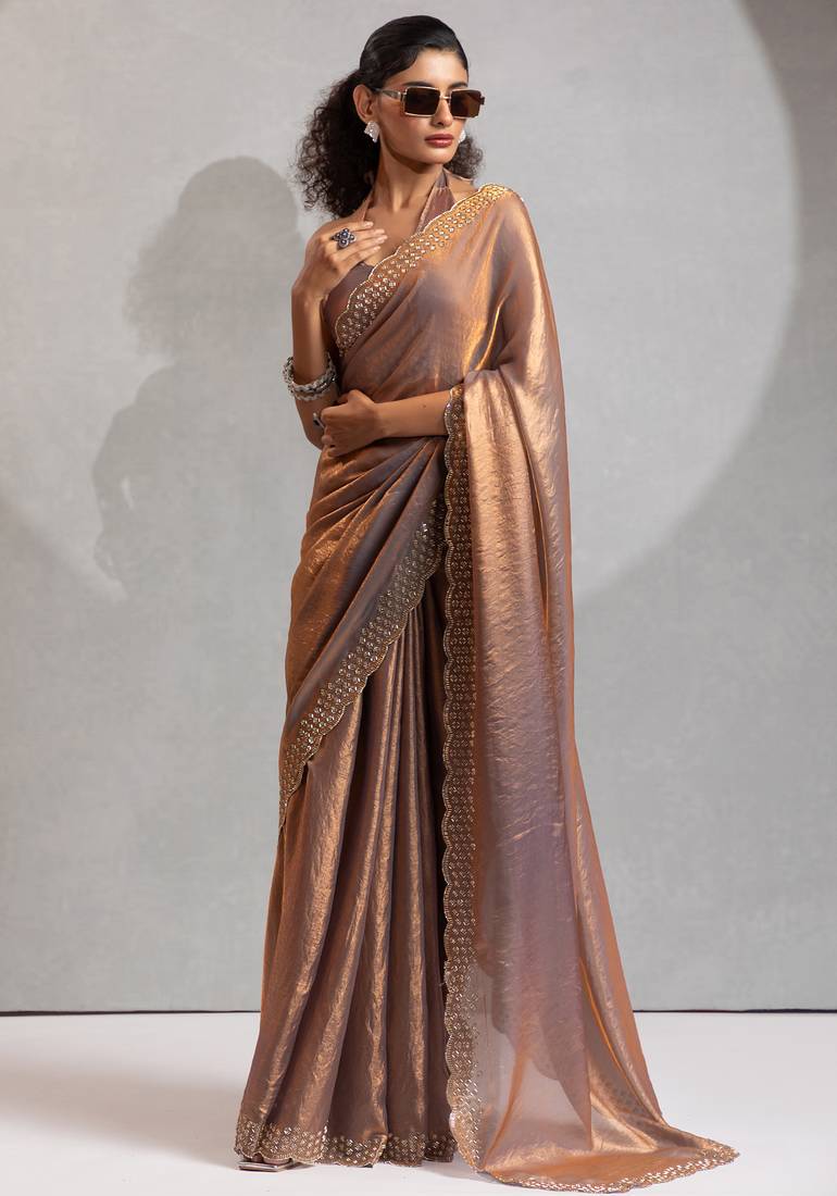 Golden cut dana sequin embroidered work two tone silk saree