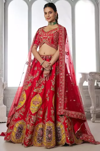 Handcrafted Multicolor Silk   Embroidered Bridal Lehenga Choli