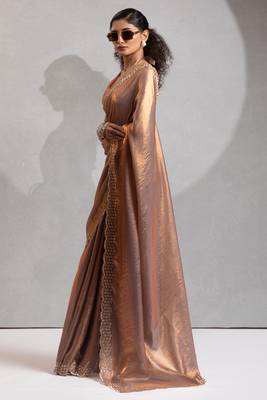 Golden cut dana sequin embroidered work two tone silk saree 2