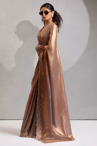 Golden cut dana sequin embroidered work two tone silk saree