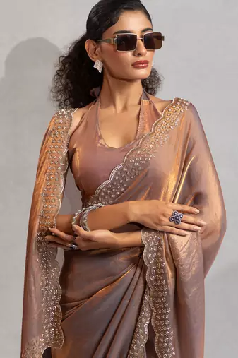 Golden cut dana sequin embroidered work two tone silk saree
