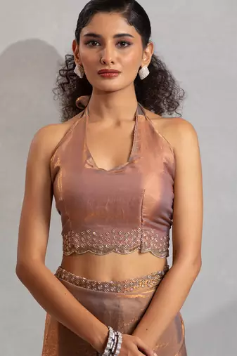Golden cut dana sequin embroidered work two tone silk saree