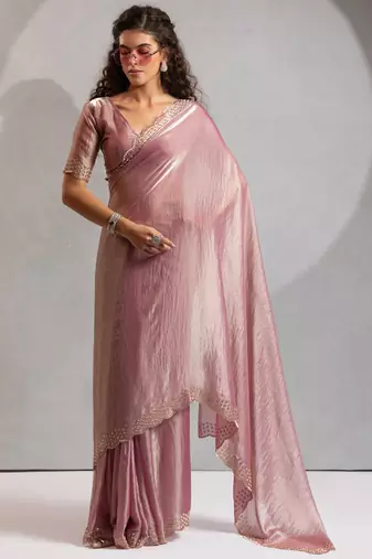 Pink cut dana sequin embroidered work two tone silk saree