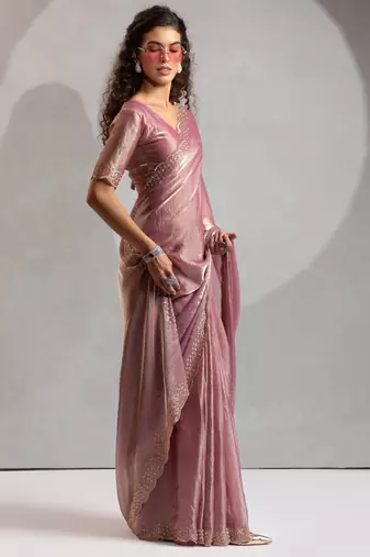 Pink cut dana sequin embroidered work two tone silk saree
