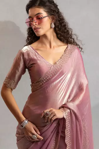 Pink cut dana sequin embroidered work two tone silk saree