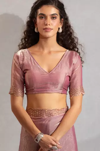 Pink cut dana sequin embroidered work two tone silk saree