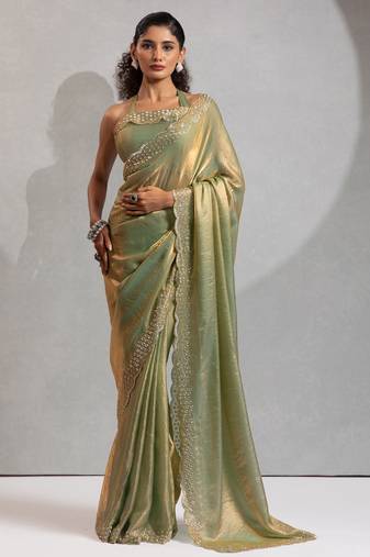 Green cut dana sequin embroidered work two tone silk saree