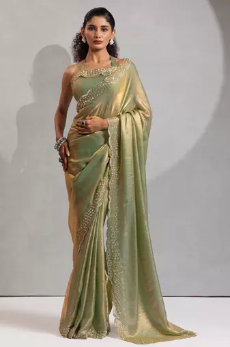 Green cut dana sequin embroidered work two tone silk saree