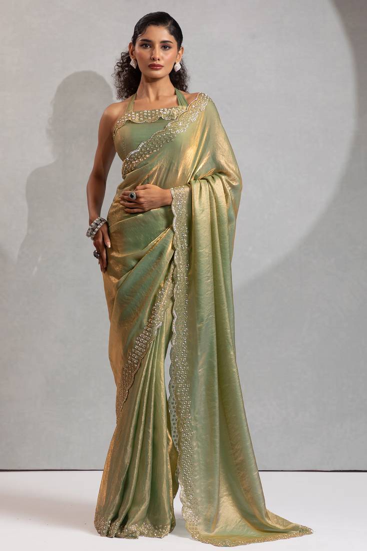 Green cut dana sequin embroidered work two tone silk saree