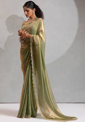 Green cut dana sequin embroidered work two tone silk saree 2
