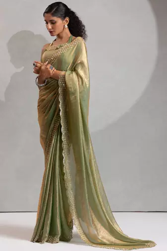 Green cut dana sequin embroidered work two tone silk saree