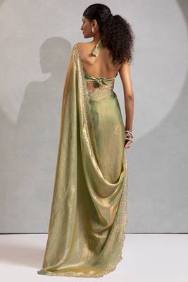 Green cut dana sequin embroidered work two tone silk saree 3