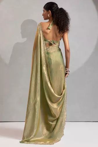 Green cut dana sequin embroidered work two tone silk saree