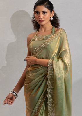 Green cut dana sequin embroidered work two tone silk saree 4